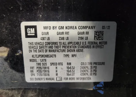 2022 Chevrolet Trax 1Lt из США, поврежденный, VIN KL7CJPSM3NB534279